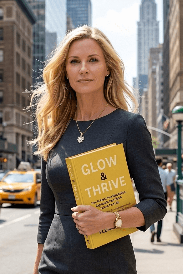 Dr Aurora Flemming holding a book titled 'Glow & Thrive' on a city street.