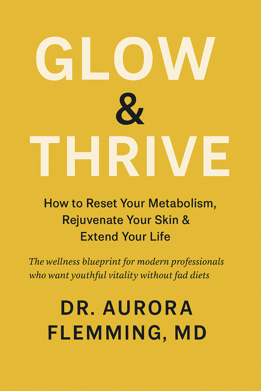 Book cover of 'Glow & Thrive' by Dr. Aurora Flemming, MD on a yellow background